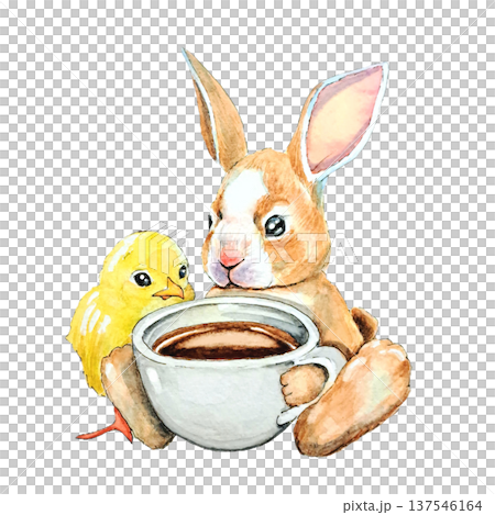 ウサギとヒヨコのコーヒータイム（手描き水彩） 137546164