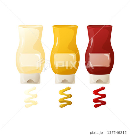 Bottles of classic sauces (mayonnaise, mustard, ketchup) with spills, representing popular food condiments for snacks and meals Bottles of classic sauces (mayonnaise, mustard, ketchup) with spills, representing popular food condiments for snacks and meals 137546215