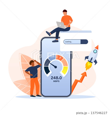 People optimizing internet performance, checking broadband speed on a smartphone app. Fast loading, high-speed data transfer People optimizing internet performance, checking broadband speed on a smartphone app. Fast loading, high-speed data transfer 137546227