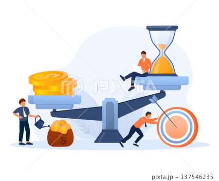Business people managing funds and time on a scale, investing for financial growth, achieving goals with strategic planning 137546235