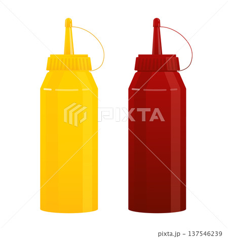 Ketchup and mustard in red and yellow squeeze bottles, representing condiments for hamburgers, hot dogs, and snacks 137546239