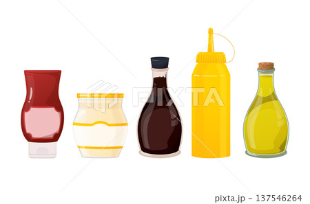 Assortment of commonly used food condiments and dressings in diverse containers, representing culinary flavors for dining Assortment of commonly used food condiments and dressings in diverse containers, representing culinary flavors for dining 137546264