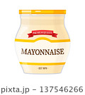 Mayonnaise jar featuring a premium quality label, offering a creamy dressing, condiment, or sauce for meals on a white background 137546266