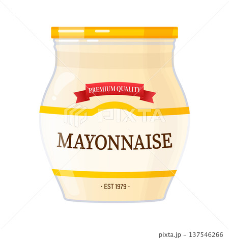 Mayonnaise jar featuring a premium quality label, offering a creamy dressing, condiment, or sauce for meals on a white background Mayonnaise jar featuring a premium quality label, offering a creamy dressing, condiment, or sauce for meals on a white background 137546266