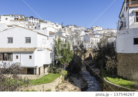 Setenil de las Bodegas shows white houses above the river with trees in the foreground and clear blue sky Setenil de las Bodegas shows white houses above the river with trees in the foreground and clear blue sky 137546267