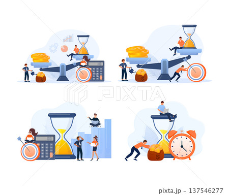 Business people managing time and money, weighing productivity with financial outcomes, working towards goals and deadlines 137546277