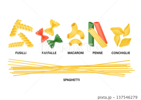 Collection of various pasta shapes and colors, showcasing popular options for Italian cuisine and meal preparation Collection of various pasta shapes and colors, showcasing popular options for Italian cuisine and meal preparation 137546279