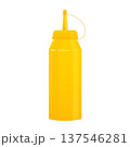 Yellow plastic mustard bottle with a red cap, isolated on white. Applying sauce for hot dogs, burgers, and grilling 137546281