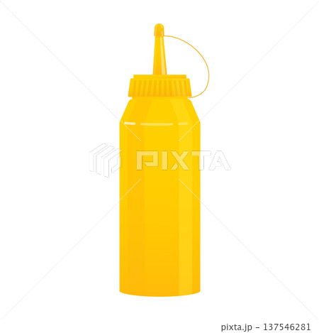 Yellow plastic mustard bottle with a red cap, isolated on white. Applying sauce for hot dogs, burgers, and grilling 137546281