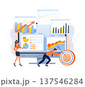 Businesspeople analyzing data on multiple charts and graphs, setting targets, and working towards achieving strategic goals with performance reports 137546284