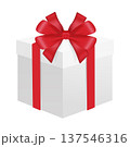 White gift box tied with a vibrant red ribbon and bow, symbolizing presents, generosity, and celebration on a white background 137546316