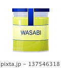 Wasabi paste in a glass jar, featuring a blue label and cap. A hot and popular condiment for sushi and other Asian dishes 137546318