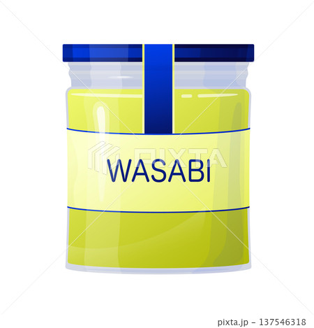 Wasabi paste in a glass jar, featuring a blue label and cap. A hot and popular condiment for sushi and other Asian dishes Wasabi paste in a glass jar, featuring a blue label and cap. A hot and popular condiment for sushi and other Asian dishes 137546318