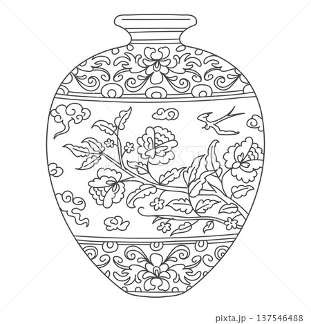 Elegant traditional Asian vase, vector vintage oriental pottery with black and white floral ornaments, flowers and bird Elegant traditional Asian vase, vector vintage oriental pottery with black and white floral ornaments, flowers and bird 137546488