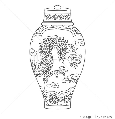 Traditional Chinese vase with a dragon, clouds, and floral patterns, black and white sketch. 137546489