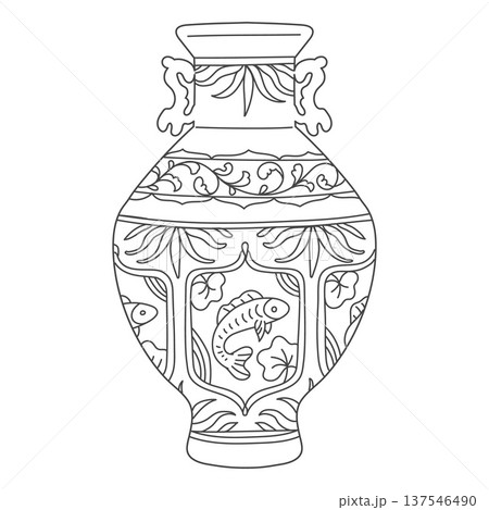 Elegant traditional Asian vase, vector vintage oriental pottery with black and white floral ornaments and fish, amphora 137546490