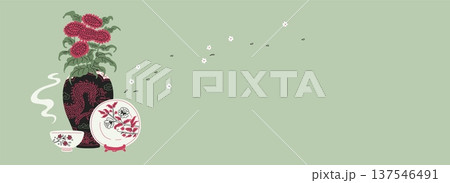 A banner featuring an oriental vase with a dragon and red flowers, a plate, and a cup. A banner featuring an oriental vase with a dragon and red flowers, a plate, and a cup. 137546491