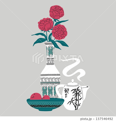 Still life with a vase with red flowers, a teapot, and a cup of fruit with Asian ornaments. Still life with a vase with red flowers, a teapot, and a cup of fruit with Asian ornaments. 137546492