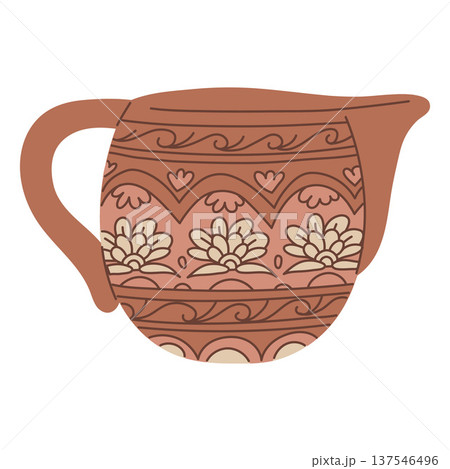 Elegant traditional Asian kettle, teapot, vector vintage oriental porcelain tableware with brown floral pattern drawing 137546496