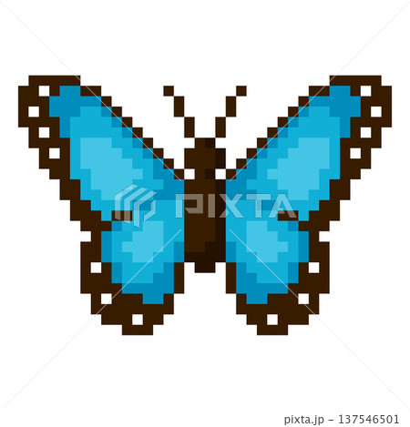 A blue pixelated morpho butterfly in 8-bit style, with blue outstretched wings. 137546501