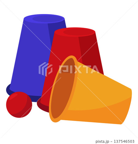 Three cups with ball magic illusion stuff, shell game, focus trick, circus show equipment, vector flat magician props Three cups with ball magic illusion stuff, shell game, focus trick, circus show equipment, vector flat magician props 137546503