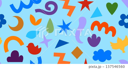 A vibrant seamless pattern with abstract geometric shapes, drawn with marker or paper cutouts. 137546560