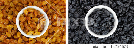 Yellow Raisins in ceramic bowl as a background. Top view. Flat lay 137546793
