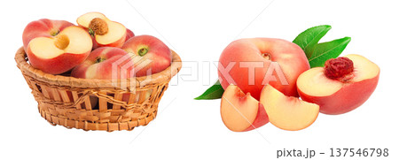 chinese flat donut peaches in a wicker basket isolated on white background chinese flat donut peaches in a wicker basket isolated on white background 137546798
