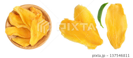 dried mango in wooden bowl isolated on white background. Top view. Flat lay 137546811