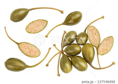 Capers isolated on white background. Pickled or canned capers. Top view. Flat lay Capers isolated on white background. Pickled or canned capers. Top view. Flat lay 137546898