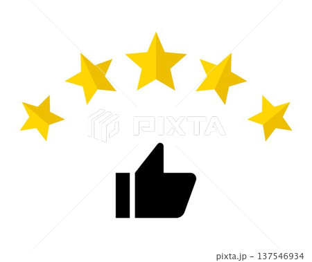 Five star rating with thumbs up icon customer satisfaction feedback concept quality review score approval symbol service reputation evaluation success recognition 137546934