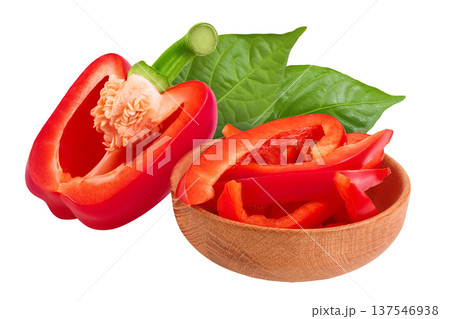slices of red sweet bell pepper in wooden bowl isolated on white background with full depth of field slices of red sweet bell pepper in wooden bowl isolated on white background with full depth of field 137546938