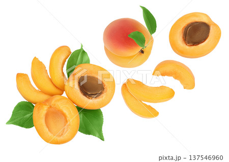 apricot fruit with half and slices isolated on white background. Clipping path. Top view. Flat lay apricot fruit with half and slices isolated on white background. Clipping path. Top view. Flat lay 137546960