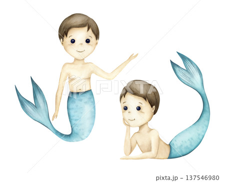 Watercolor Little Merman Clipart - Cute Boy Mermaid Collection. 137546980
