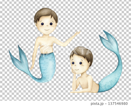 Watercolor Little Merman Clipart - Cute Boy Mermaid Collection. 137546980