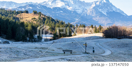 Frosty alpine meadow landscape with winding trail and snowy Bavarian Alps mountains Frosty alpine meadow landscape with winding trail and snowy Bavarian Alps mountains 137547050