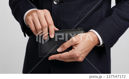 白いハイキーで日本人が黒の長財布を開き上質感を示す 137547172