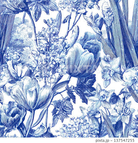 Blue Seamless Botanical Vintage Inspired Toile Pattern 137547255