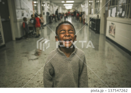 Crying boy experiences bullying in school hallway surrounded by laughing classmates 137547262