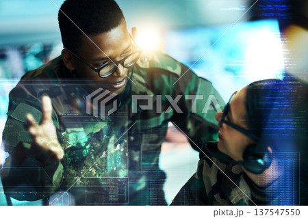 Control room overlay, military and people on computer for surveillance, tracking operation and national security. Army, government and soldiers online for cybersecurity, communication and monitoring 137547550