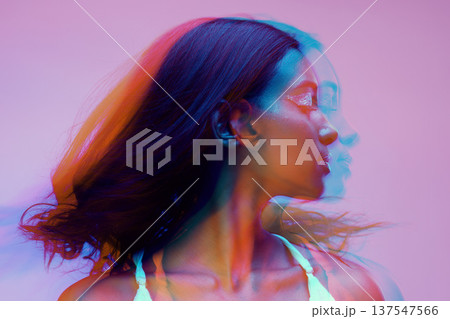 Neon, double exposure and woman with art deco, creative and colog lighting for style in studio. Female model, cosmetics and overlay with glow, makeup and person with freedom and pink background 137547566
