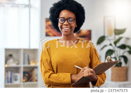 Portrait, therapist and happy black woman with checklist for counselling in office. Face smile, psychologist in glasses and clipboard for therapy session, psychology counsellor or professional doctor 137547573