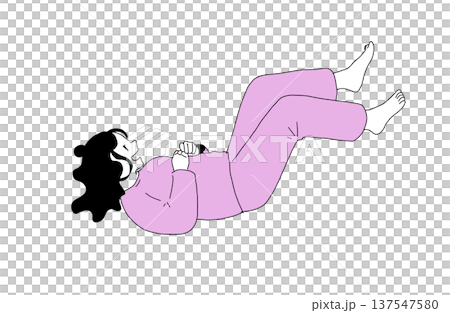 一位身穿睡衣的女士放鬆休息的插圖。居家時光，酣然入睡。手繪向量素材。 137547580