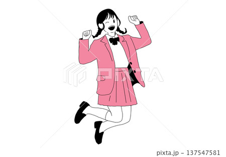 顔でジャンプしてガッツポーズをする女子高生のイラスト　成功と青春　手書きベクター素材 137547581