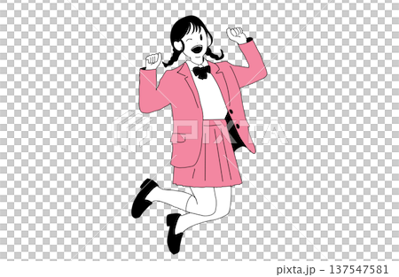 顔でジャンプしてガッツポーズをする女子高生のイラスト　成功と青春　手書きベクター素材 137547581