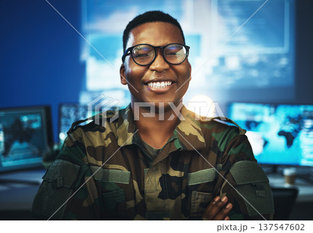 Military, surveillance and happy portrait of man with arms crossed in cybersecurity, control room and government mission. Army, employee and face in smile with pride, confidence and working in tech Military, surveillance and happy portrait of man with arms crossed in cybersecurity, control room and government mission. Army, employee and face in smile with pride, confidence and working in tech 137547602