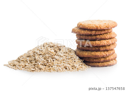 Oatmeal Cookies With Rolled Oats On White Background. Homemade Crunchy Breakfast Snack 137547658