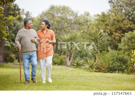 Park, love and mature couple walking, support or outdoor conversation, garden communication or nature mockup space. Trees, wellness care and relax man, woman or marriage people trust, talking or bond 137547663