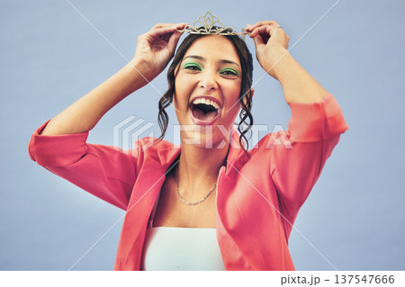 Fashion, excited and portrait of woman with crown in studio for glamour, luxury and winning prize. Beauty, wow and person with tiara for princess pageant, winner and cosmetics on purple background 137547666