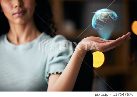 Business woman, hand and hologram of Earth, global network and 3D with futuristic and innovation. International company, worldwide and digital world with corporate growth, development and holographic 137547670